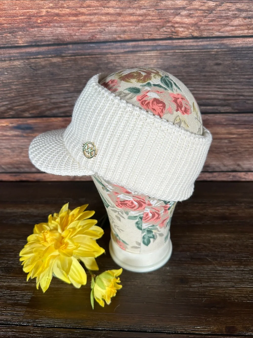 Michael Kors Cream Knit Visor with Gold MK Emblem